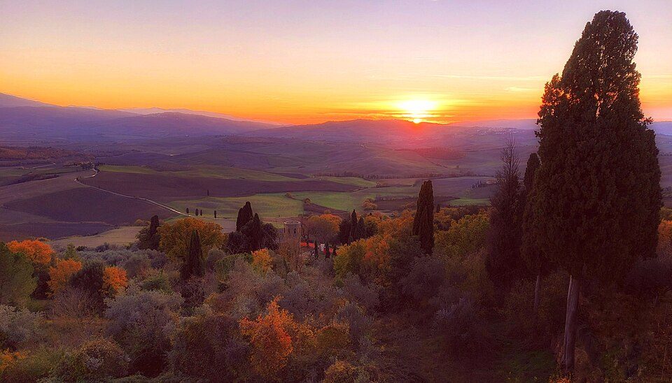 Sonnenuntergang über dem Val d'Orcia von Pienza aus